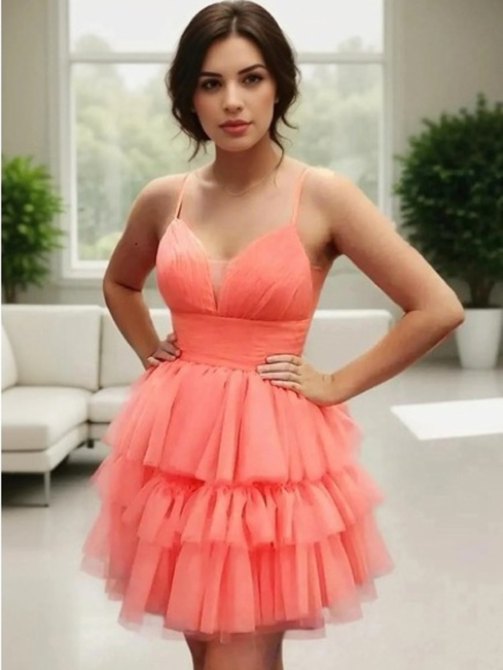 Rachel Allan Coral Tiered Tulle Spaghetti-Strap Mini Dress
